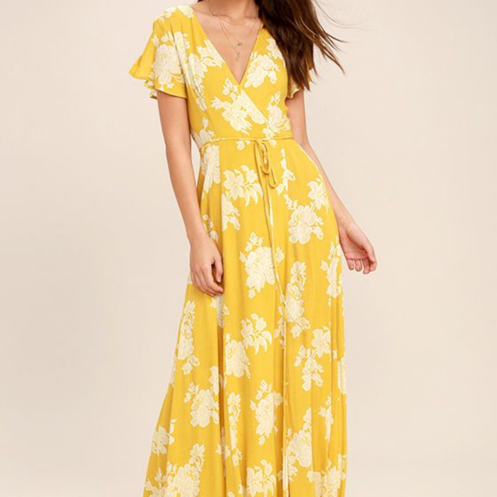 Lulu's Yellow Floral Print Wrap Maxi Dress